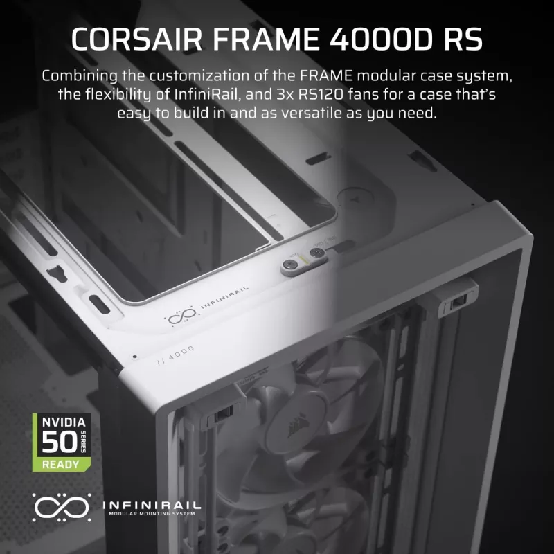 PC-Gehäuse CORSAIR FRAME 4000D RS Midi Tower Weiß — ATX, gehärtetes Glas, 3x120mm Frontlüfter, unterstützt 360/240/140mm Radiatoren