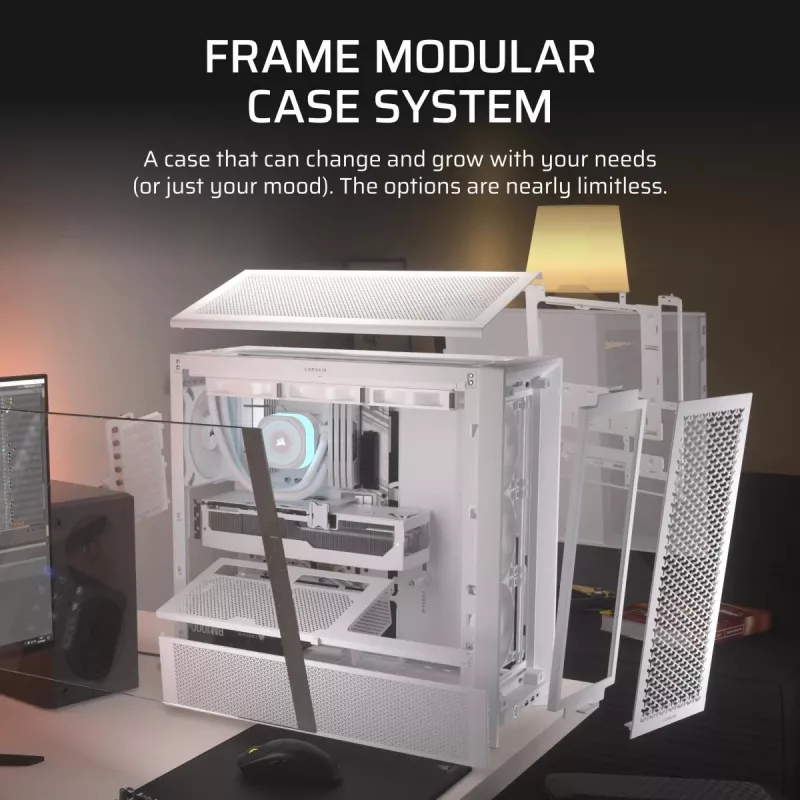 PC-Gehäuse CORSAIR FRAME 4000D RS Midi Tower Weiß — ATX, gehärtetes Glas, 3x120mm Frontlüfter, unterstützt 360/240/140mm Radiatoren