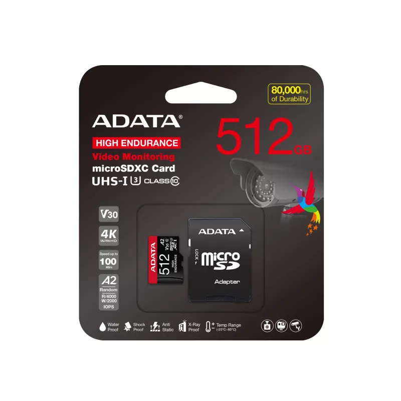 MicroSDXC-Speicherkarte ADATA 512GB UHS‑I U3 V30 Klasse 10 A2, 100/85 MB/s, wasserdicht
