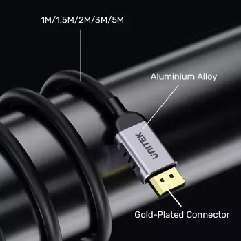 DisplayPort-Kabel Unitek C1628GY01-2M — 2 m, DisplayPort 2.1, 7680×4320 @ bis zu 240 Hz, 32,4 Kanäle, verzinntes Kupfer
