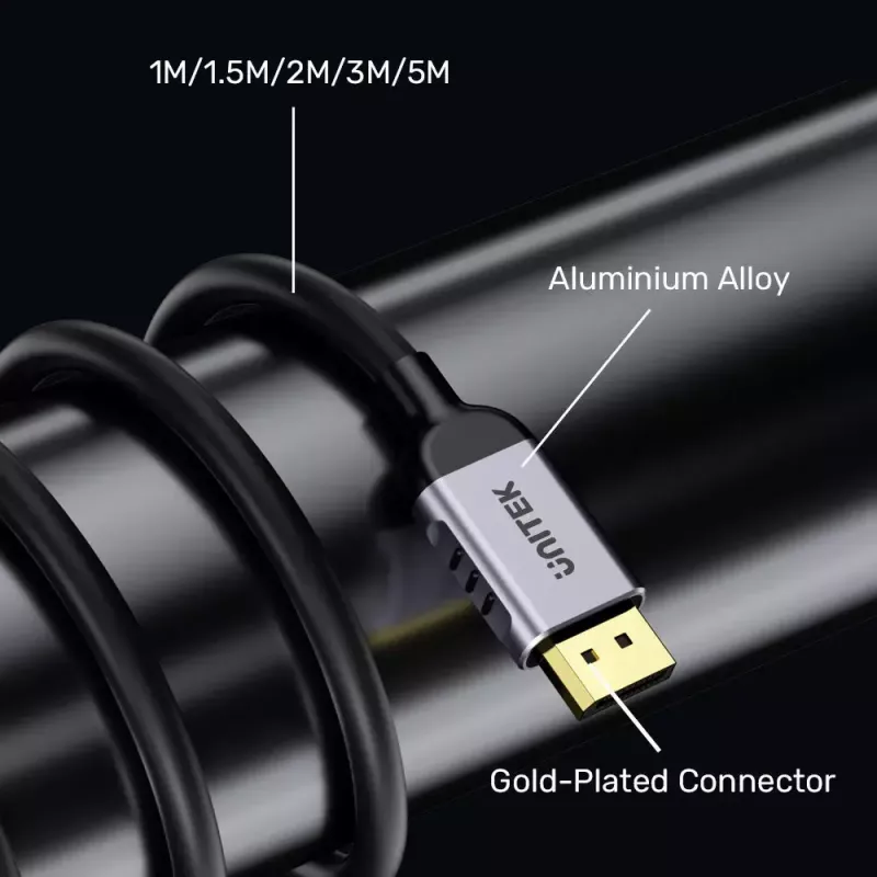 DisplayPort-Kabel Unitek C1628GY01-2M — 2 m, DisplayPort 2.1, 7680×4320 @ bis zu 240 Hz, 32,4 Kanäle, verzinntes Kupfer