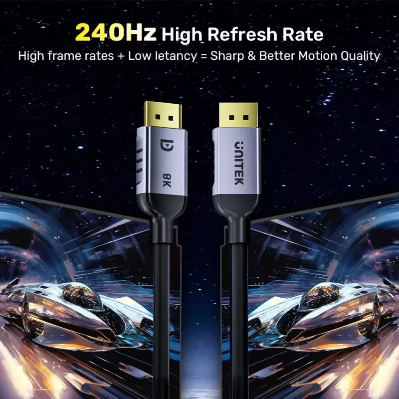 DisplayPort-Kabel Unitek C1628GY01-2M — 2 m, DisplayPort 2.1, 7680×4320 @ bis zu 240 Hz, 32,4 Kanäle, verzinntes Kupfer