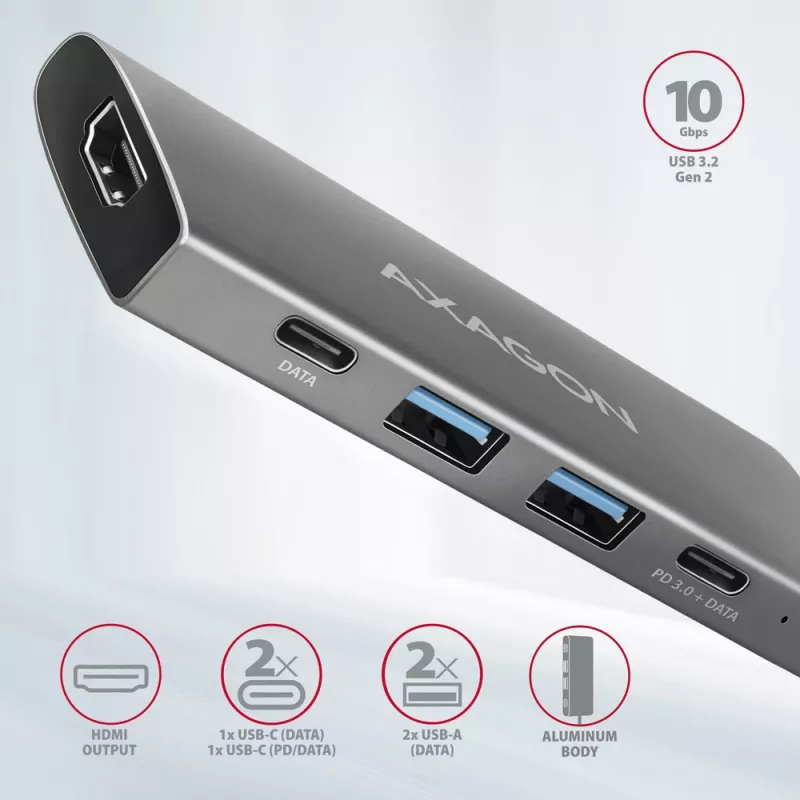 Axagon HMC-5G21 USB 10Gbps Hub, 2x USB-A, 2x USB-C, HDMI 4k/30Hz, PD 60W, USB-C-Kabel