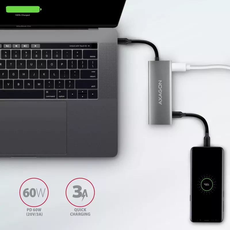 Axagon HMC-5G21 USB 10Gbps Hub, 2x USB-A, 2x USB-C, HDMI 4k/30Hz, PD 60W, USB-C-Kabel
