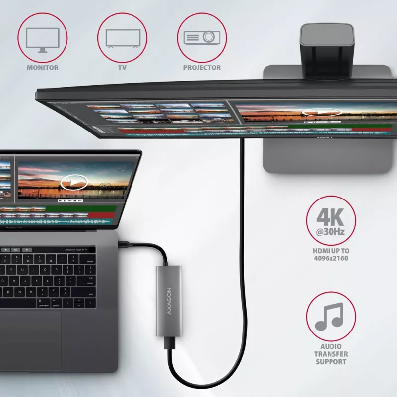 Axagon HMC-5G21 USB 10Gbps Hub, 2x USB-A, 2x USB-C, HDMI 4k/30Hz, PD 60W, USB-C-Kabel