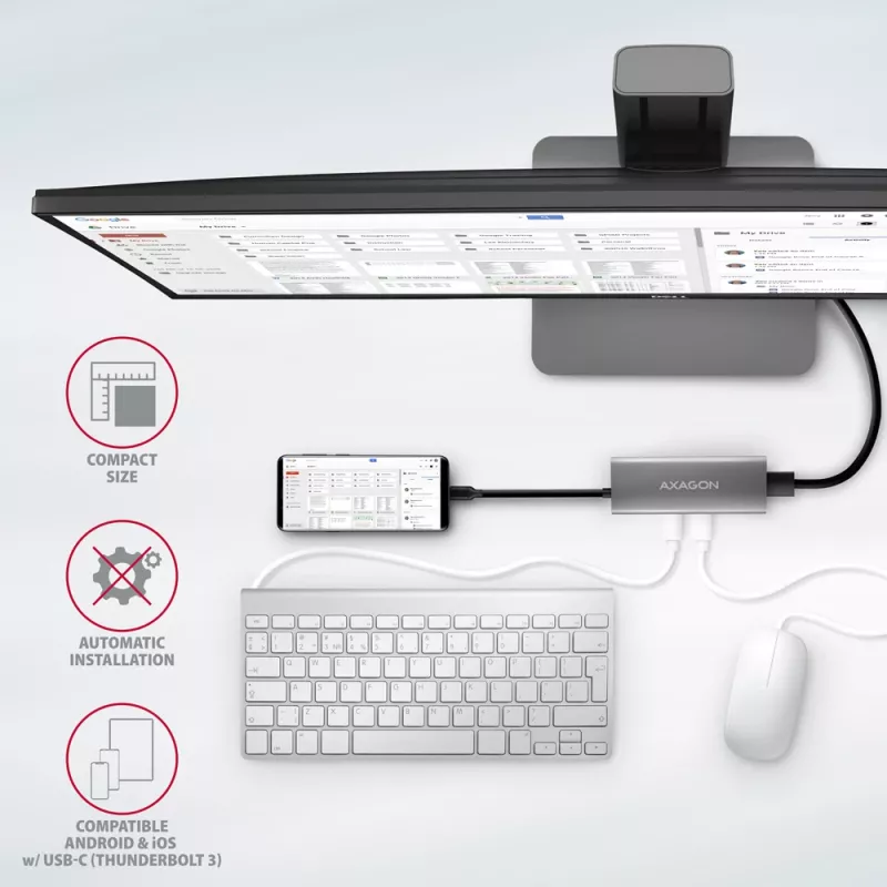 Axagon HMC-5G21 USB 10Gbps Hub, 2x USB-A, 2x USB-C, HDMI 4k/30Hz, PD 60W, USB-C-Kabel