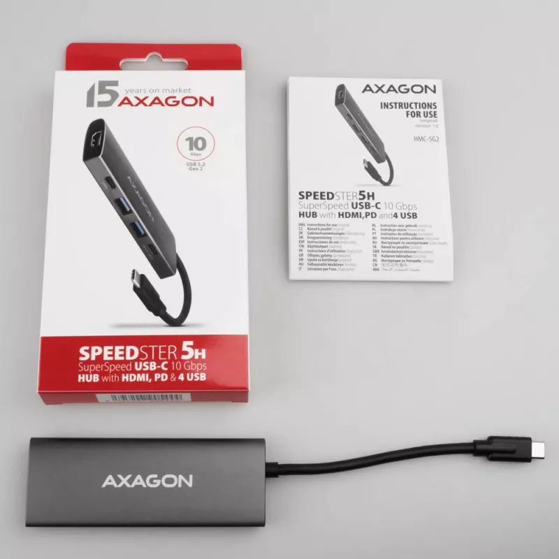 Axagon HMC-5G21 USB 10Gbps Hub, 2x USB-A, 2x USB-C, HDMI 4k/30Hz, PD 60W, USB-C-Kabel