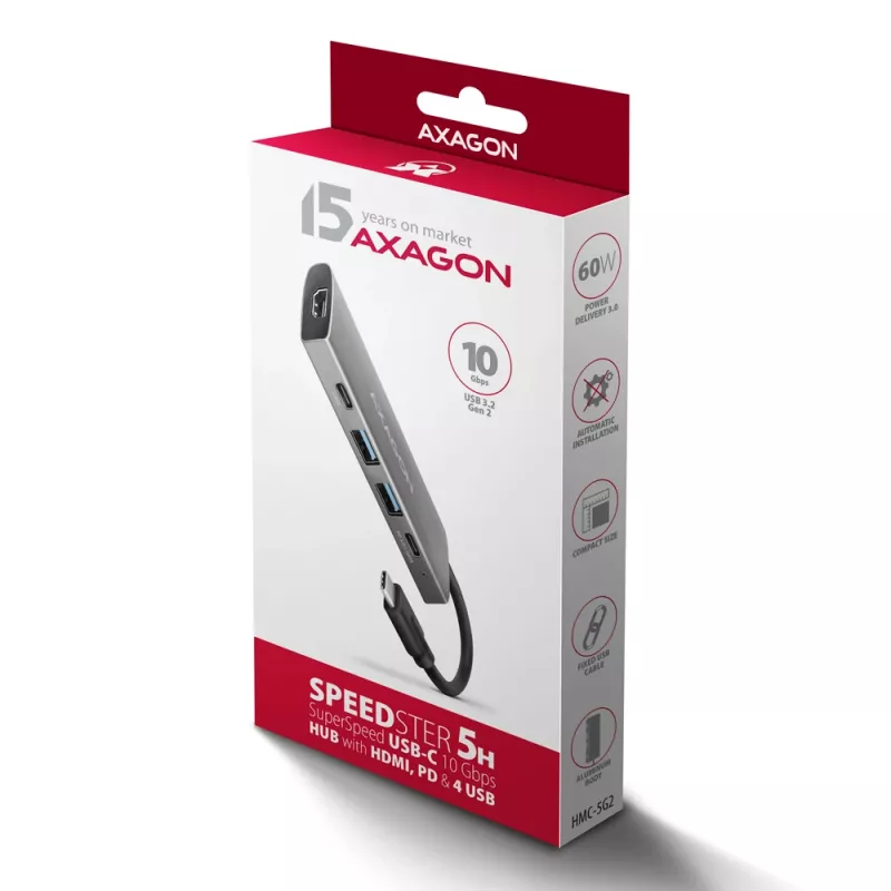 Axagon HMC-5G21 USB 10Gbps Hub, 2x USB-A, 2x USB-C, HDMI 4k/30Hz, PD 60W, USB-C-Kabel