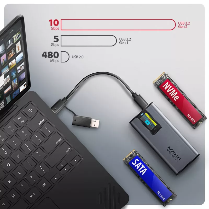 Axagon EEM2-SD2 USB-C 10Gbps - M.2 NVMe & SATA SSD DISPLAY box