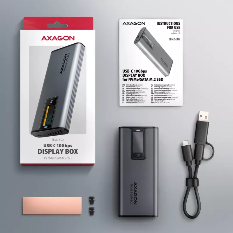 Axagon EEM2-SD2 USB-C 10Gbps - M.2 NVMe & SATA SSD DISPLAY box