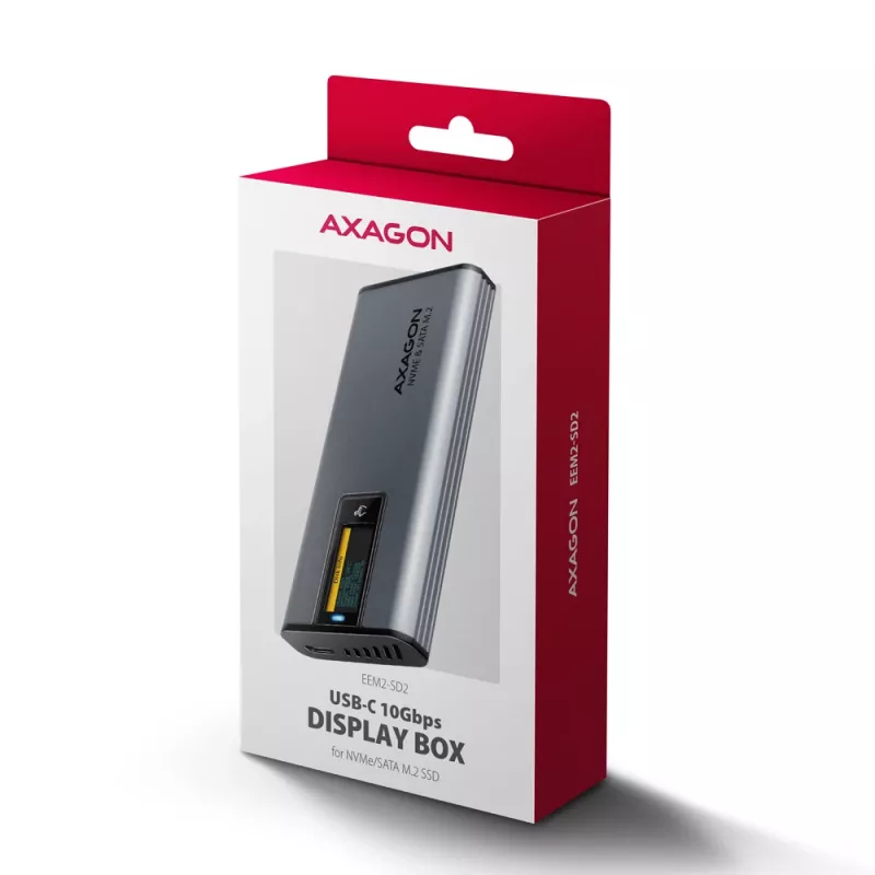 Axagon EEM2-SD2 USB-C 10Gbps - M.2 NVMe & SATA SSD DISPLAY box