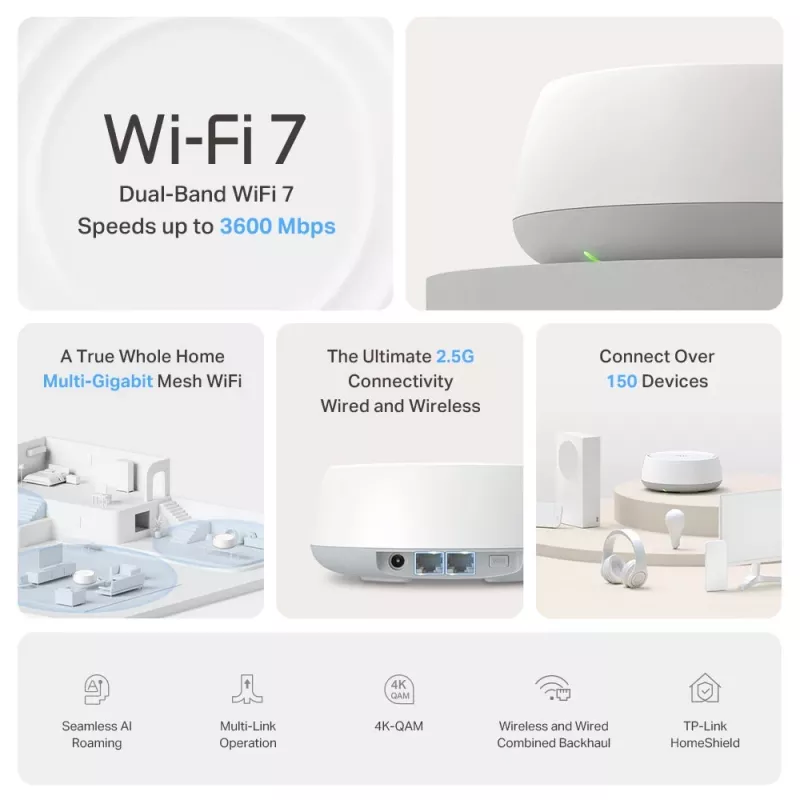 TP-Link BE3600 Whole Home Mesh Wi-Fi 7 System (1er-Pack), Weiß, Intern, Mesh-System, Dualband (2,4 GHz / 5 GHz), Wi-Fi 7 (802.11be), 2882 Mbit/s