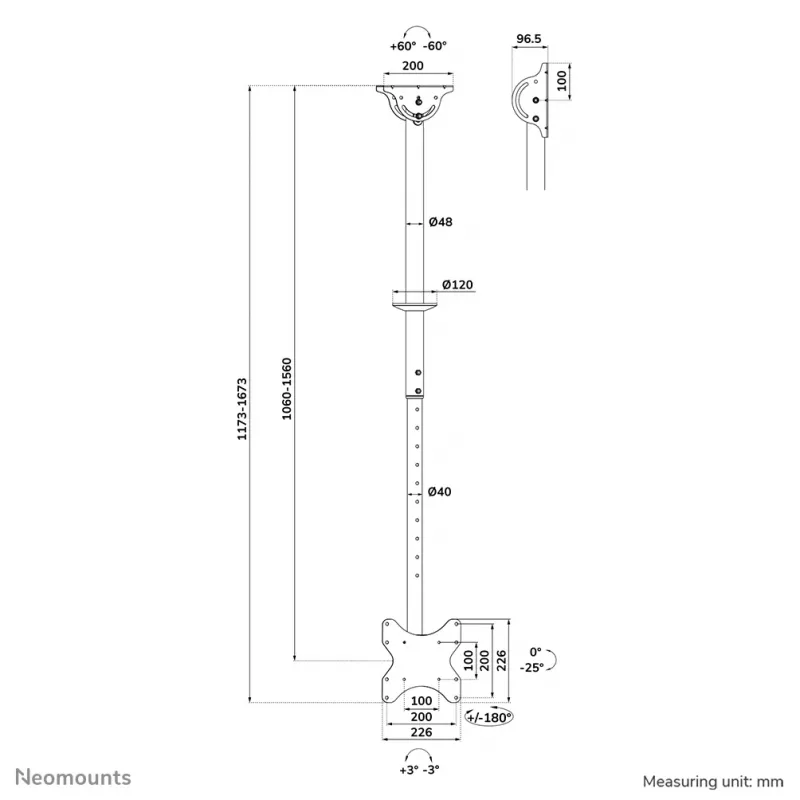 Deckenhalterung Neomounts CL35-340BL12 Maximalgewicht 50 kg für 23–42 Zoll Bildschirme