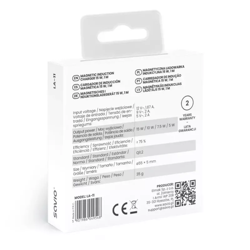 Kabelloses Indoor-Ladegerät für Mobiltelefone SAVIO LA-11, Qi 1.2, 15 W, weiß, 55×55×5 mm