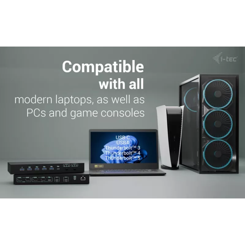 ITEC i-tec USB-C KVM Dock PRO für drei Hosts, Dual-Video, 2x Power Delivery (max. 92W), USB 3.2, 10 Gbit/s, Gigabit-Ethernet
