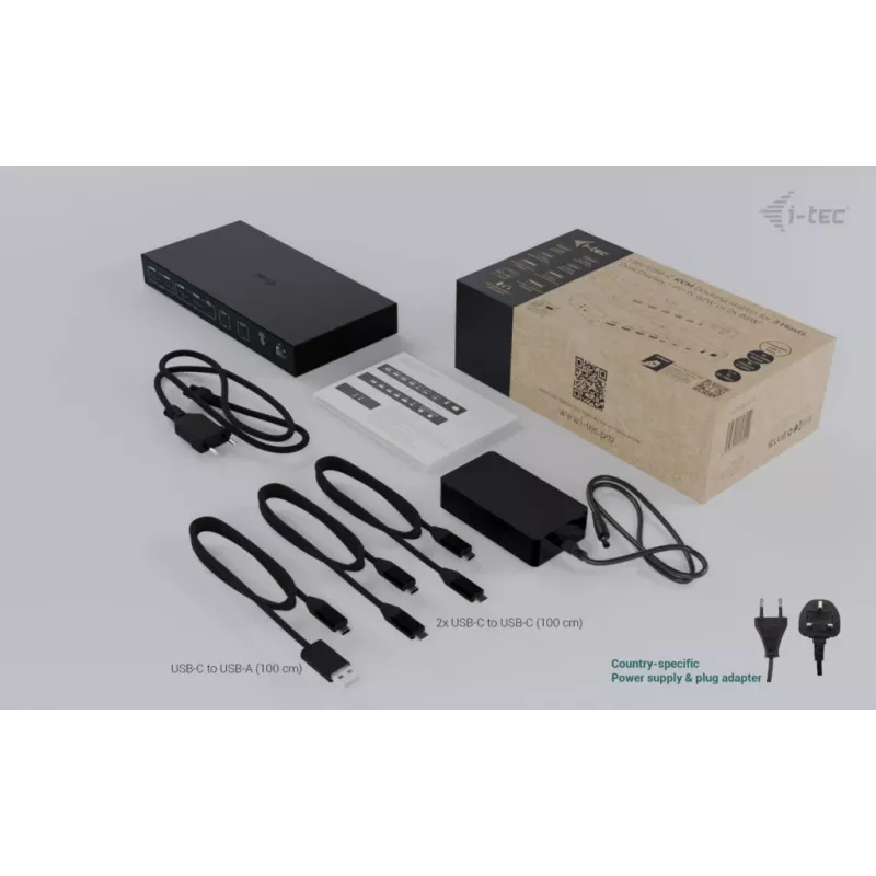 ITEC i-tec USB-C KVM Dock PRO für drei Hosts, Dual-Video, 2x Power Delivery (max. 92W), USB 3.2, 10 Gbit/s, Gigabit-Ethernet