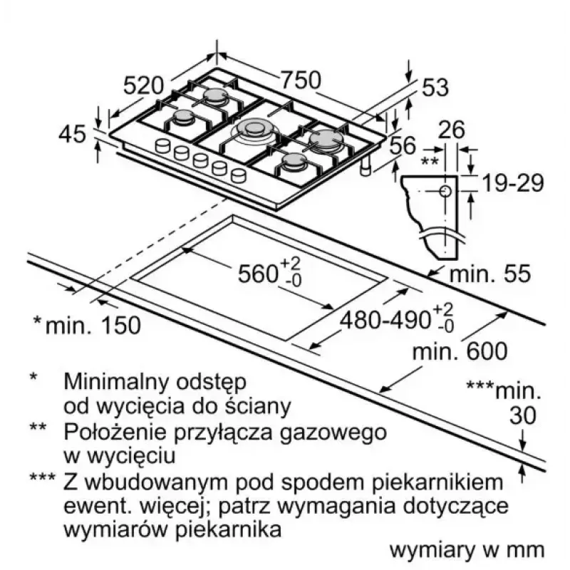Bosch Serie 6 PCQ7A5I90 Kochfeld Edelstahl Einbau 75 cm Gas 5 Zone(n)