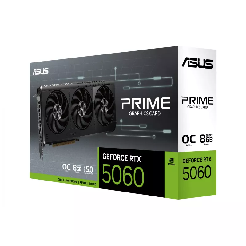 Grafikkarte ASUS GeForce RTX 5060 — 8 GB GDDR7, 128-Bit, PCIe 5.0, 3x DisplayPort 2.1b + 1x HDMI 2.1b, 2595 MHz OC, 3 Lüfter, 268,3 mm