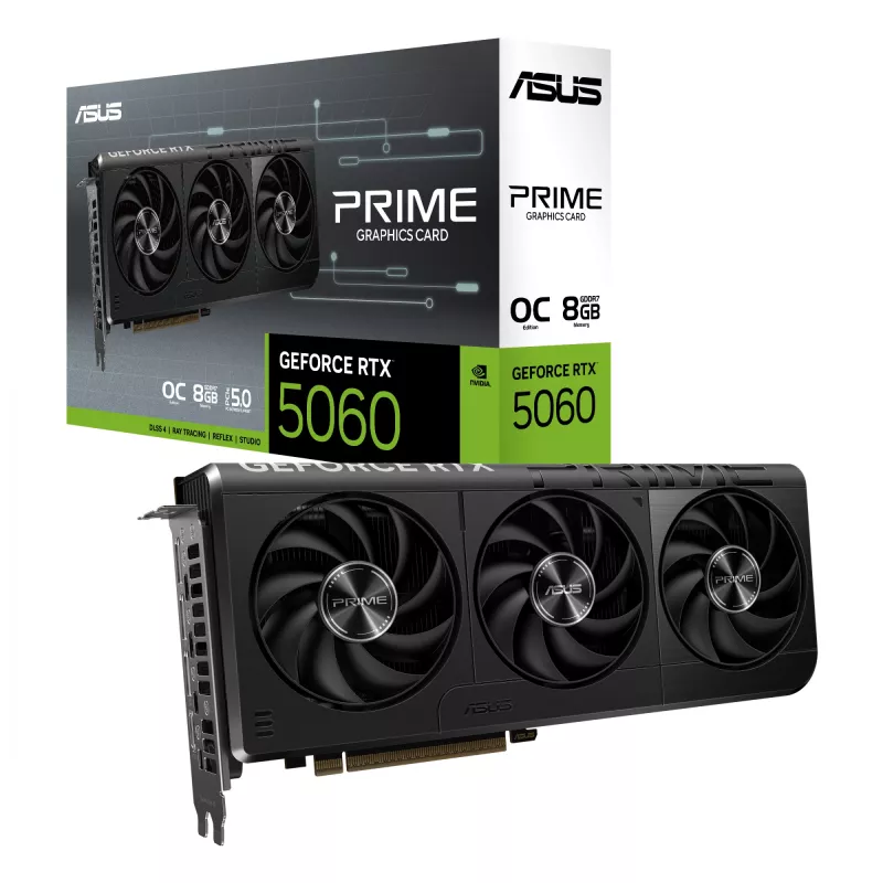 Grafikkarte ASUS GeForce RTX 5060 — 8 GB GDDR7, 128-Bit, PCIe 5.0, 3x DisplayPort 2.1b + 1x HDMI 2.1b, 2595 MHz OC, 3 Lüfter, 268,3 mm