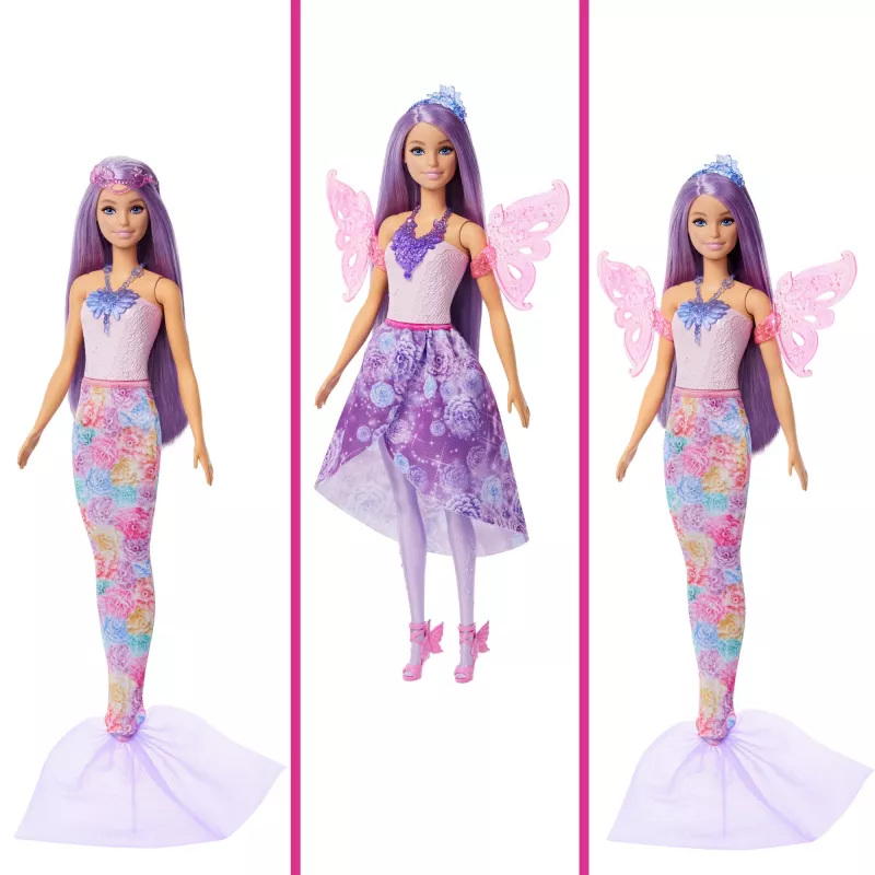 Barbie-Puppe Fantasy-Mode-Set mit Zubehör, darunter Meerjungfrauenschwanz, Feenflügel und Halsketten