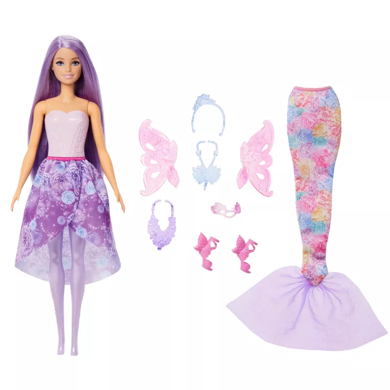Barbie-Puppe Fantasy-Mode-Set mit Zubehör, darunter Meerjungfrauenschwanz, Feenflügel und Halsketten