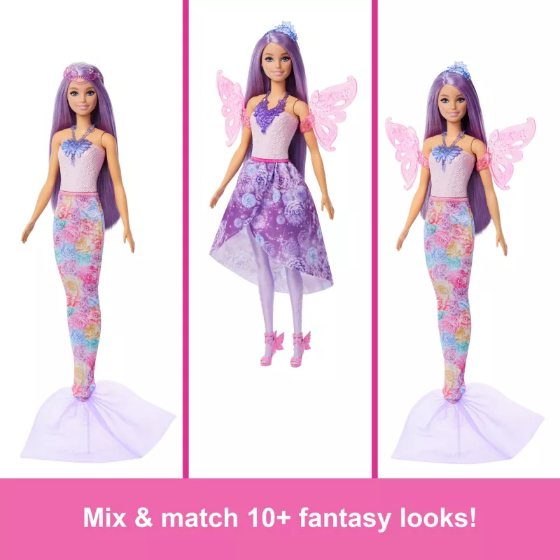 Barbie-Puppe Fantasy-Mode-Set mit Zubehör, darunter Meerjungfrauenschwanz, Feenflügel und Halsketten