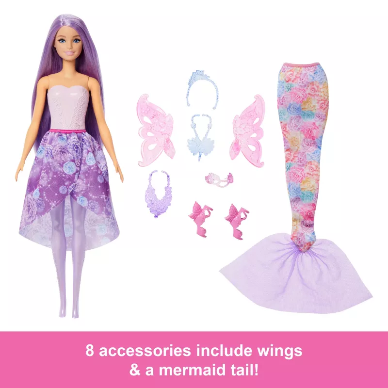 Barbie-Puppe Fantasy-Mode-Set mit Zubehör, darunter Meerjungfrauenschwanz, Feenflügel und Halsketten