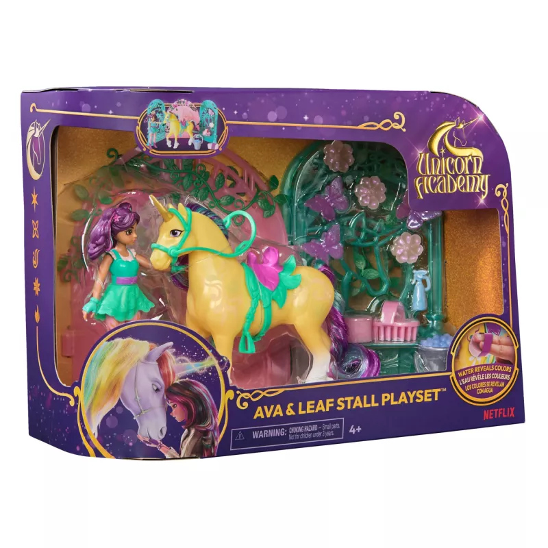 Unicorn Academy, Ava-Puppe & Farbwechsel-Blatt-Stall-Spielset, Ostergeschenk-Idee, 15 Zubehörteile, Puppen & Einhorn-Spielzeug für Mädchen ab 4 Jahren