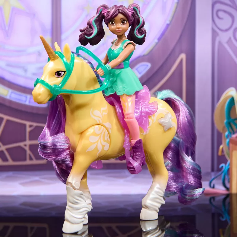 Unicorn Academy, Ava & Pflanzenzauberblatt mit Leuchteffekt, 2 Reitzubehörteile, Puppen & Einhornspielzeug für Mädchen ab 4 Jahren