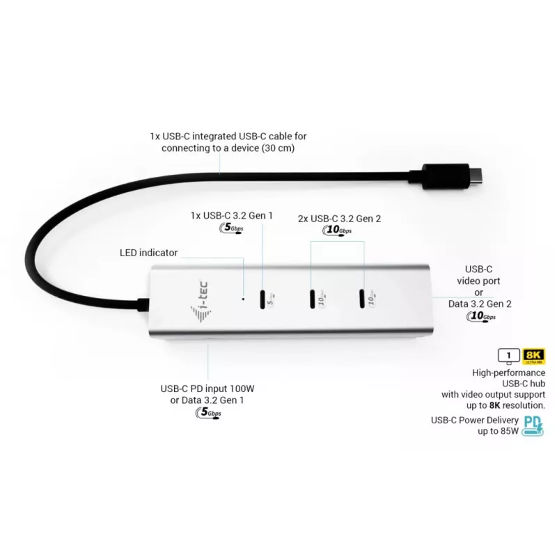 i-tec Metal USB-C Charging HUB 5-Port mit USB-C Video 8K + Power Delivery 85W