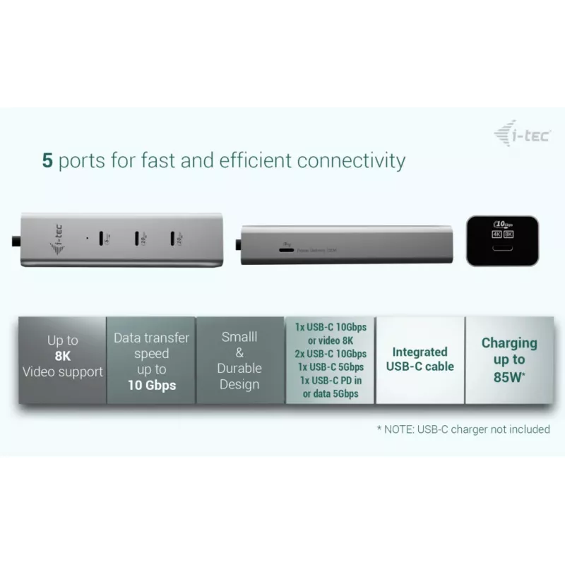 i-tec Metal USB-C Charging HUB 5-Port mit USB-C Video 8K + Power Delivery 85W