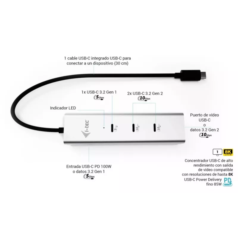 i-tec Metal USB-C Charging HUB 5-Port mit USB-C Video 8K + Power Delivery 85W