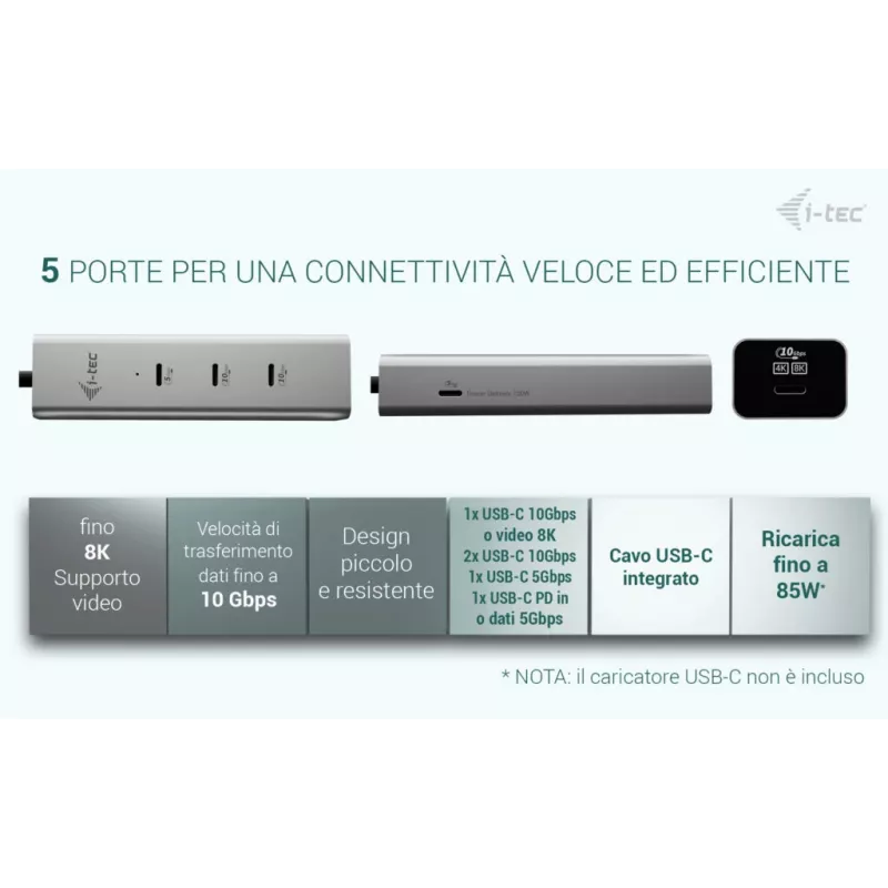 i-tec Metal USB-C Charging HUB 5-Port mit USB-C Video 8K + Power Delivery 85W