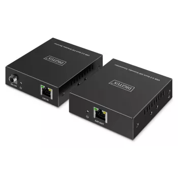 USB 3.2 Gen1 CAT-Extender von DIGITUS DA-73121 — 5 Gbit/s, 4 Ports (3× USB-A, 1× USB-C), 100 m, DC-betrieben