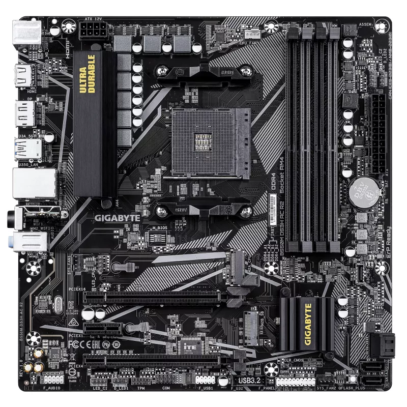GIGABYTE B550M DS3H AC R2 Mainboard - AMD Ryzen 5000 CPUs, 5+3 Phasen VRM, bis zu 4733 MHz DDR4 (OC), 1x PCIe 4.0 + 1x PCIe 3.0 M.2, Wi-Fi 5, 1 GbE LAN, USB 3.2 Gen 1