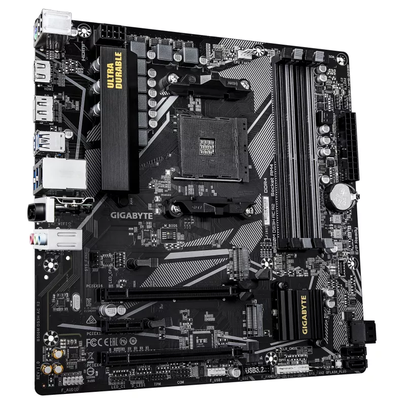 GIGABYTE B550M DS3H AC R2 Mainboard - AMD Ryzen 5000 CPUs, 5+3 Phasen VRM, bis zu 4733 MHz DDR4 (OC), 1x PCIe 4.0 + 1x PCIe 3.0 M.2, Wi-Fi 5, 1 GbE LAN, USB 3.2 Gen 1