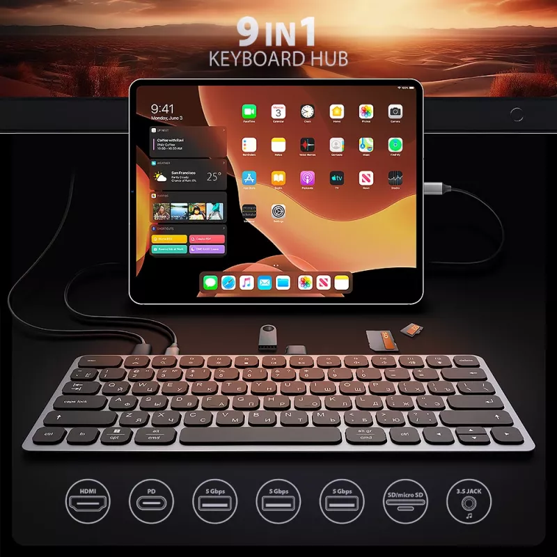 Axagon HMC-KB-CRL, USB 5Gbps Hub mit Tastatur, HDMI 4K/60Hz, 3x USB-A, SD/mSD, Audio, PD100, kyrillisches Layout
