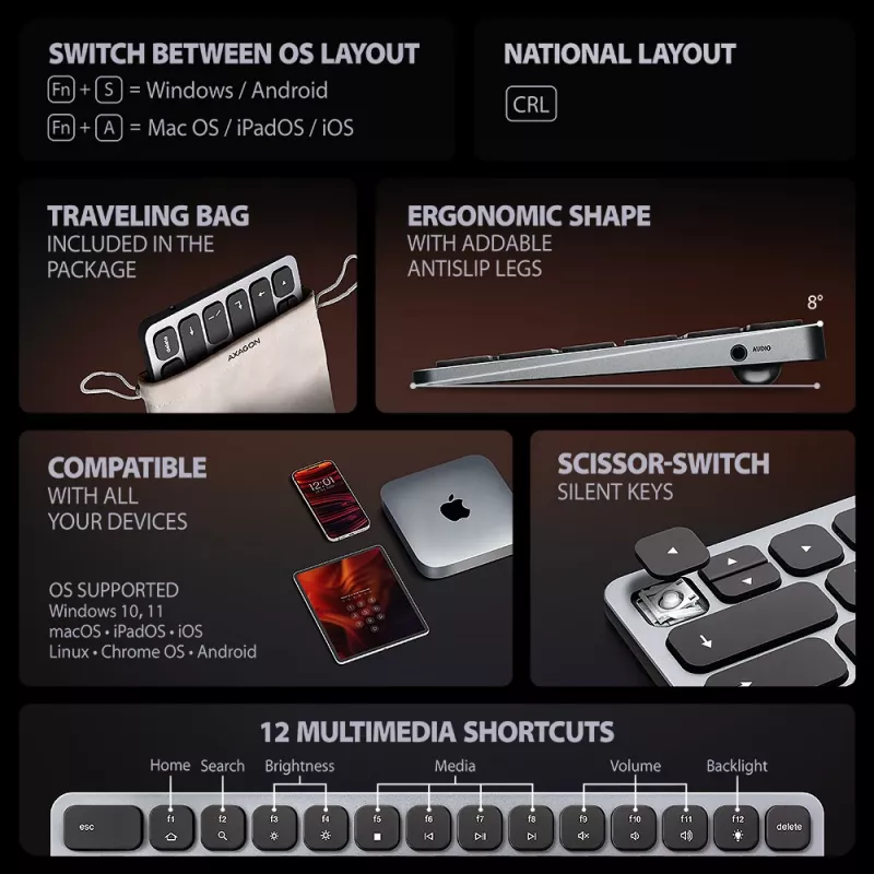 Axagon HMC-KB-CRL, USB 5Gbps Hub mit Tastatur, HDMI 4K/60Hz, 3x USB-A, SD/mSD, Audio, PD100, kyrillisches Layout