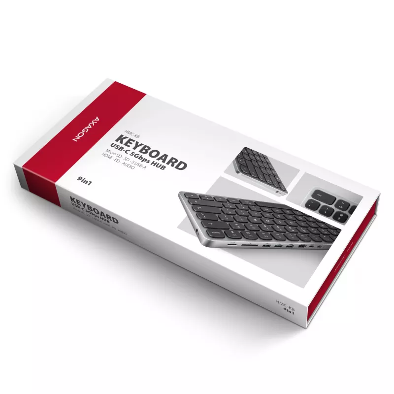 Axagon HMC-KB-NRD, USB 5Gbps Hub mit Tastatur, HDMI 4K/60Hz, 3x USB-A, SD/mSD, Audio, PD100, Nordisches Layout