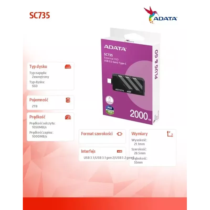SSD-Festplatte ADATA 2 TB Extern SC735 U3.2C Grau