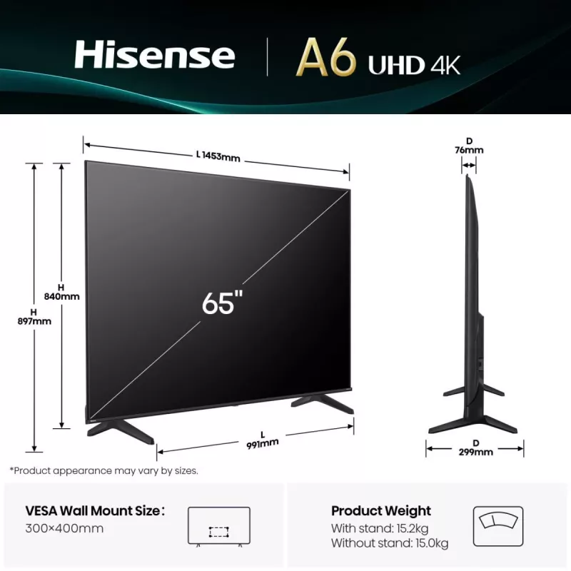 Hisense 65A6Q TV 165,1 cm (65 Zoll) 4K Ultra HD Smart TV Wi-Fi Schwarz 330 cd/m²
