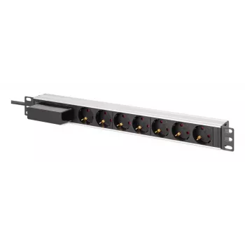 DIGITUS DN-95439 19-Zoll 1HE Aluminium Rack-PDU, 7x Schuko-Steckdosen, Leitungsschutzschalter, 16 A, 4000 W, 230 V, 50/60 Hz, 1,8 m Kabel