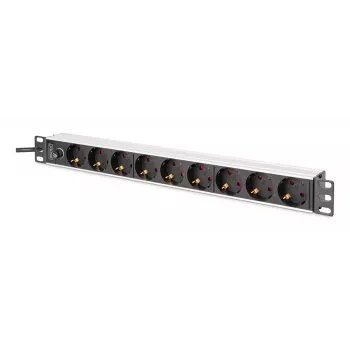 DIGITUS PDU - 1U Aluminium-Rackmount 8x CEE 7/7 Steckdose 1x Steckdose 10A Stecker 250VAC 50/60Hz IEC C14 Stecker Vorsicherung
