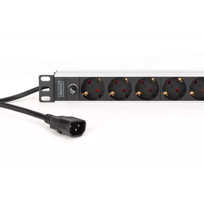 DIGITUS PDU - 1U Aluminium-Rackmount 8x CEE 7/7 Steckdose 1x Steckdose 10A Stecker 250VAC 50/60Hz IEC C14 Stecker Vorsicherung