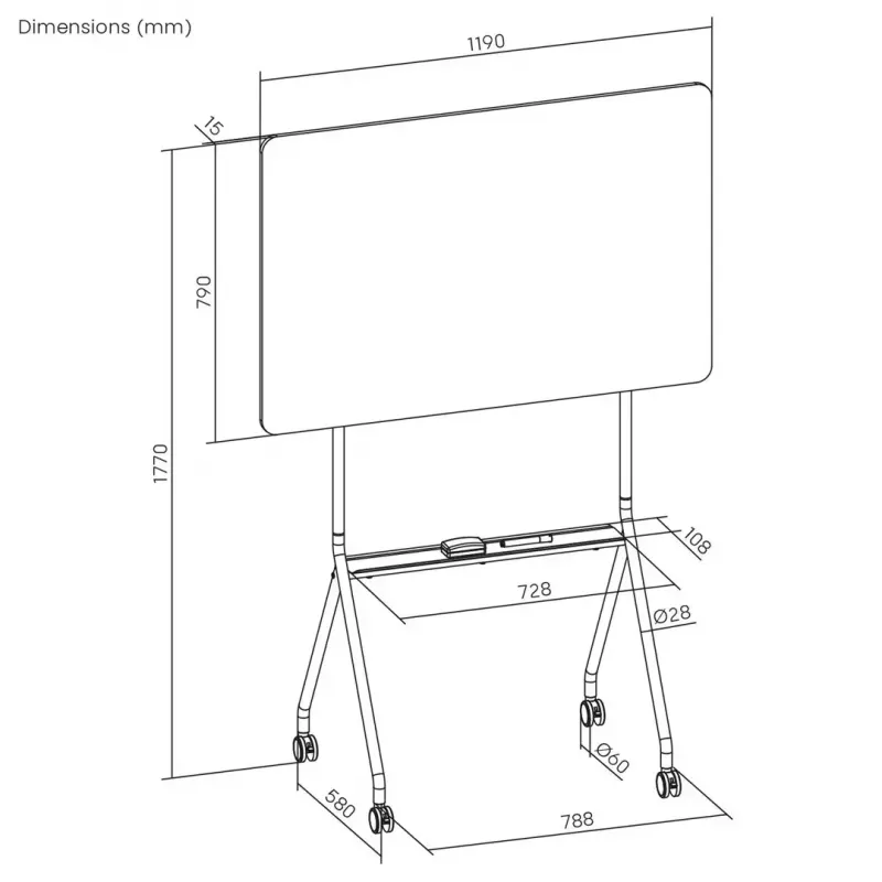 Whiteboard ergo office ER-306 — trocken abwischbare einseitige horizontale Tafel, 1190×790 mm, freistehend aus Stahl mit Rollen, magnetisch