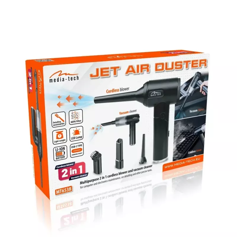 Mini-Gebläse MEDIA-TECH MT6538 2 IN 1 Jet Air Duster — kabelloser Handreiniger, 2000 mAh, 65 W, 2500 l/min, 7000 Pa