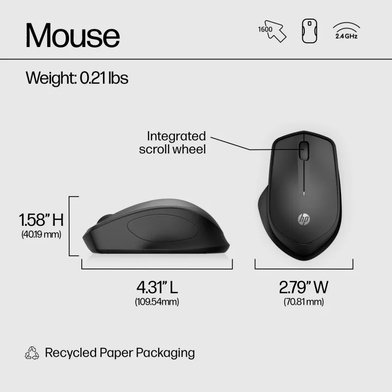 HP 280 Silent Wireless Maus, Rechtshändig, Optisch, RF Wireless, Schwarz