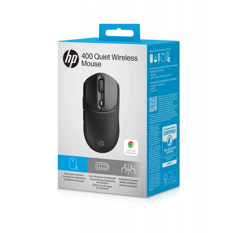 HP 400 Quiet Schwarz Wireless Maus, beidhändig, RF Wireless + Bluetooth, 6000 DPI, Schwarz