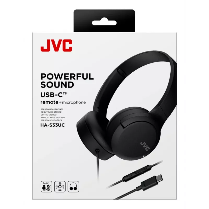 Headset JVC HA-S33UC binaural kabelgebunden mit Kopfbügel, 2 Treiber 29,7 mm, 20–20000 Hz, 1,2 m Kabel, Inline-Mikrofon, schwarz