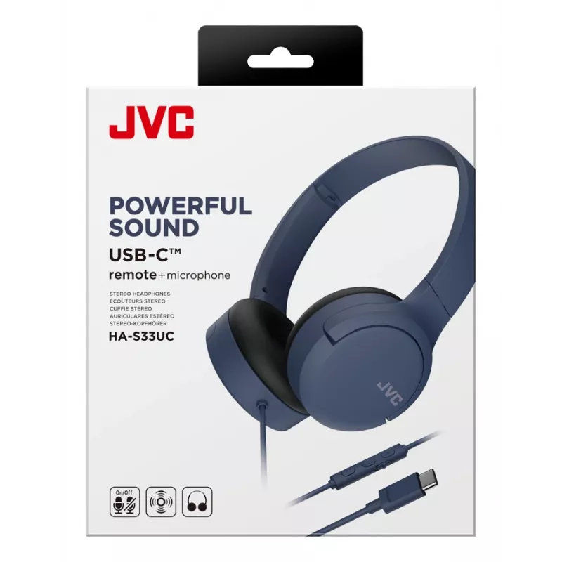 Kabelgebundenes binaurales Headset JVC HA-S33UCAU, Kopfbügel, USB-C, 2 Treiber 2,97 cm, 20–20000 Hz, Kabel 1,2 m, blau